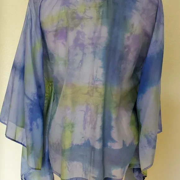 NEW Silk Caftan Kaftan top batwing shirt resort S M L XL green blue painted dyed - Picture 3 of 8